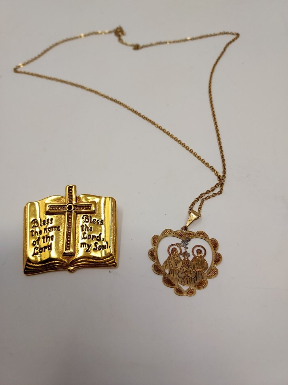 Vatican Library Brooch Holy Family Pendant Necklace Gold Tone Bundle
